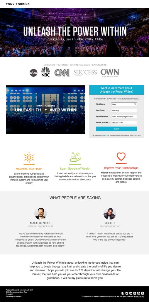 Tony Robbins Marketo Landing Page