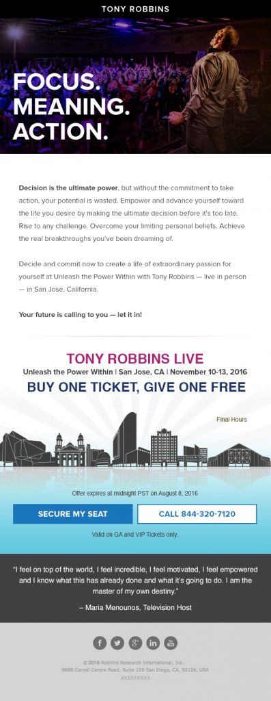 Tony Robbins Marketo Email